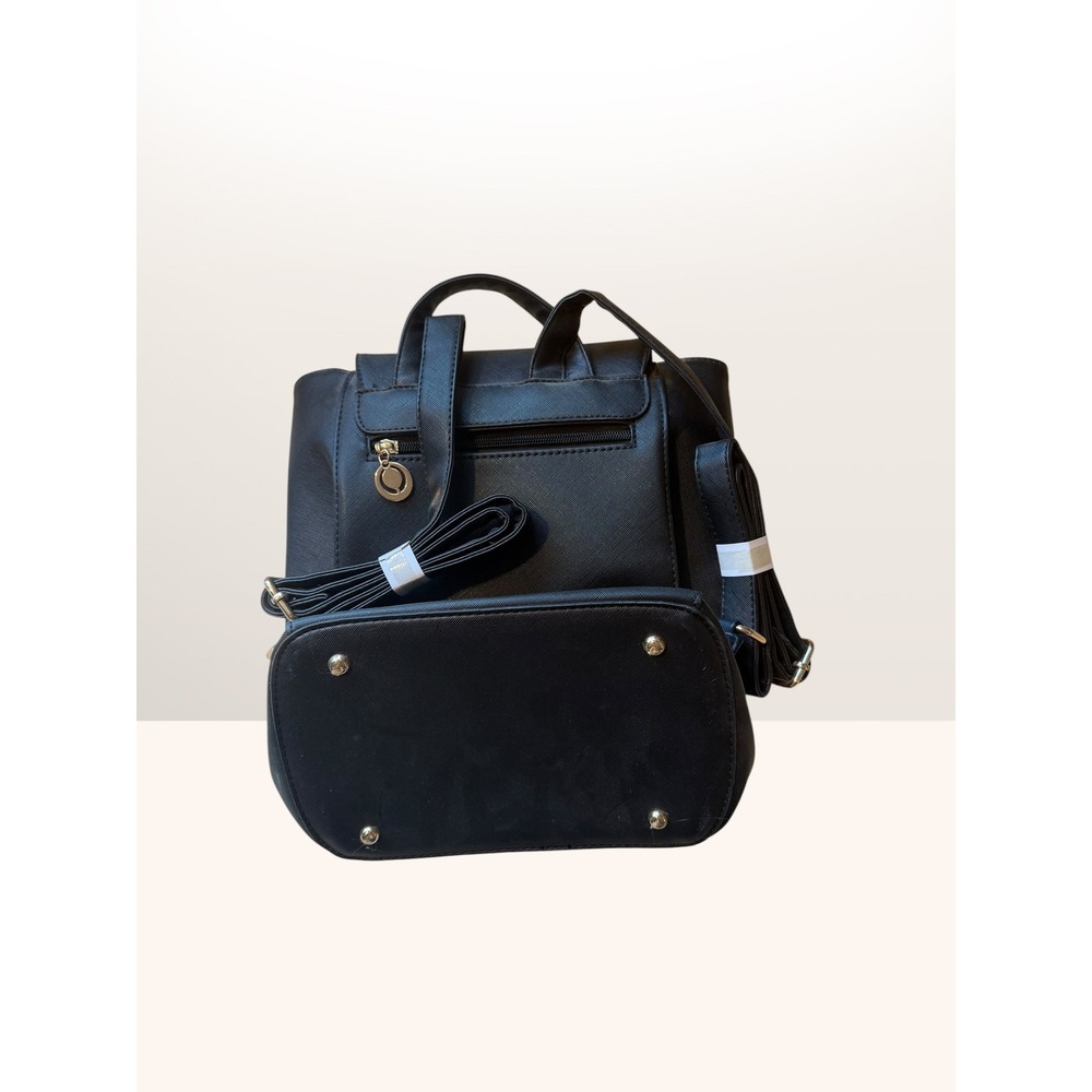 Black Saffiano Vegan Leather Backpack Gold Hardware Drawstring Flap Small Bag - Picture 2 of 7